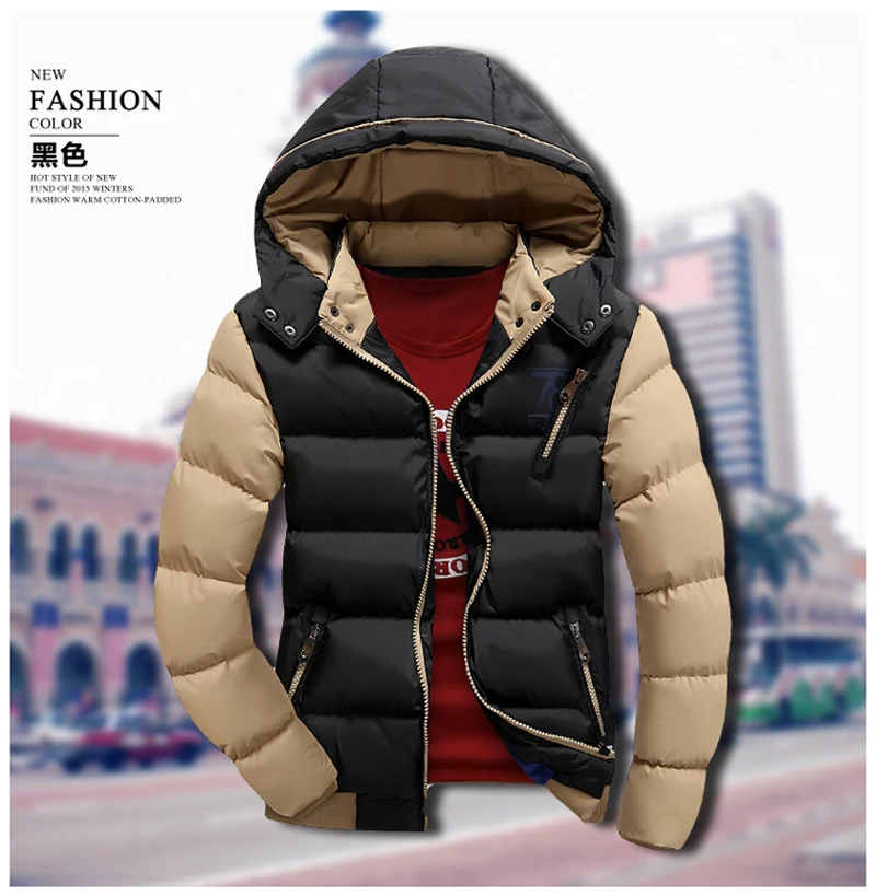 2015 new winter jacket thick cotton men's fashion Slim hooded stiching outdoor coat Free shipping M-3XL | Мужская одежда
