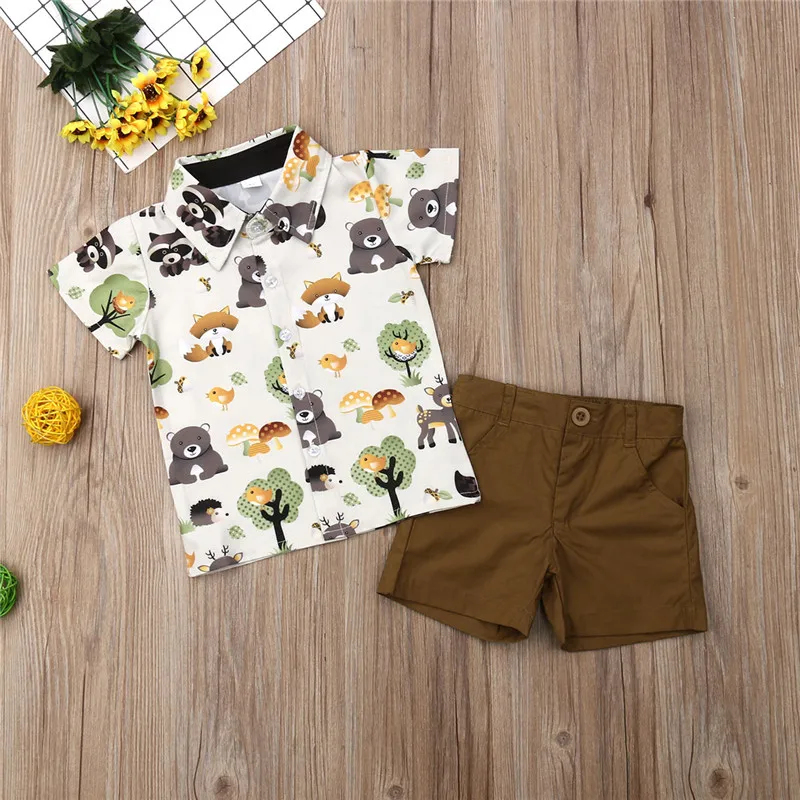 1-5Y Formal Kids Baby Boy Gentlemen Clothes 2Pcs Suits Animals Print Lapel T-shirt Tops+Button Shorts Child Cotton Outfits |
