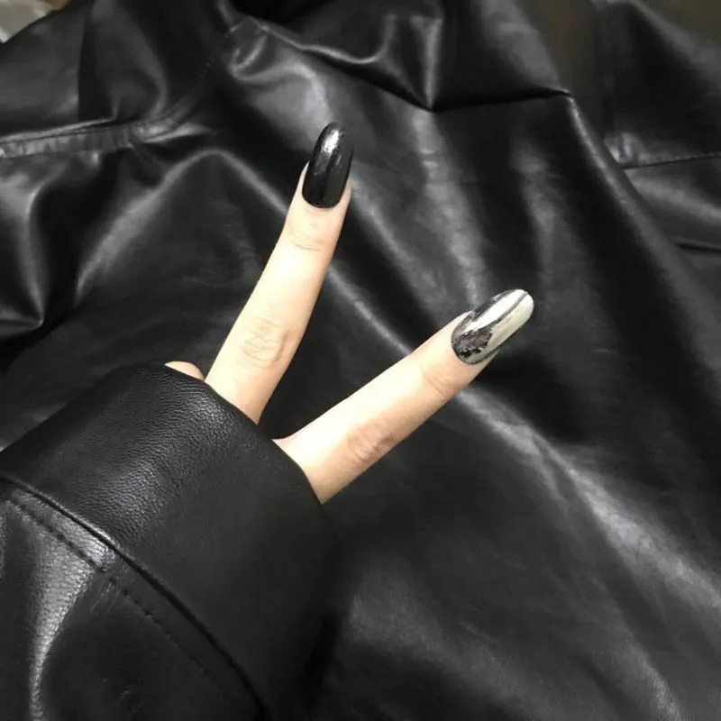 

Punk Long Round Black and Metal Color European Ins 24pcs Fake Nails With Glue Manicure DIY Decor Design Artificial Nail Patches
