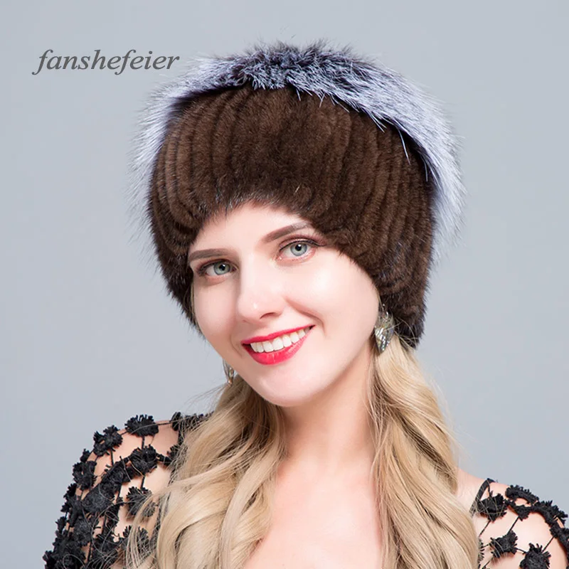 Fanshe новые женские Лоскутные лисий мех смешанные цвета внутренняя вязка шапочки теплые модные зимние шляпы для женщин меховая шапка из натуральной норки - Цвет: colour02