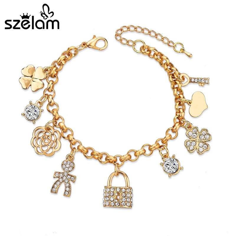Szelam звено цепи золотые браслеты для женщин замок/Сердце/цветок/клевер