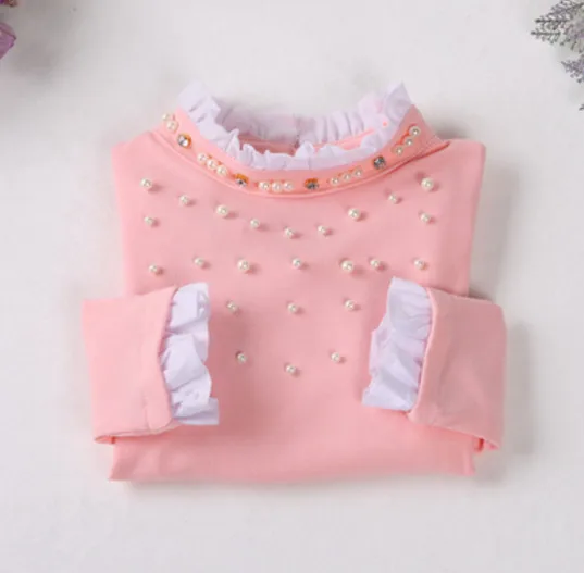 pink Коллекция года, новая весенняя детская одежда кружевные топы и блузки с длинными рукавами и жемчужинами для девочек Высококачественная нижняя рубашка для маленьких девочек, детские рубашки - Цвет: pink