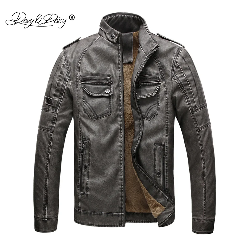 Куртка-бомбер мужская зимняя из искусственной кожи теплая однотонная