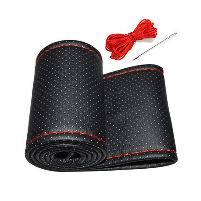 black-red 38 см чехлы на руль автомобиля DIY мягкая кожаная оплетка на руль автомобиля с иглой и резьбой аксессуары для интерьера - Название цвета: black-red