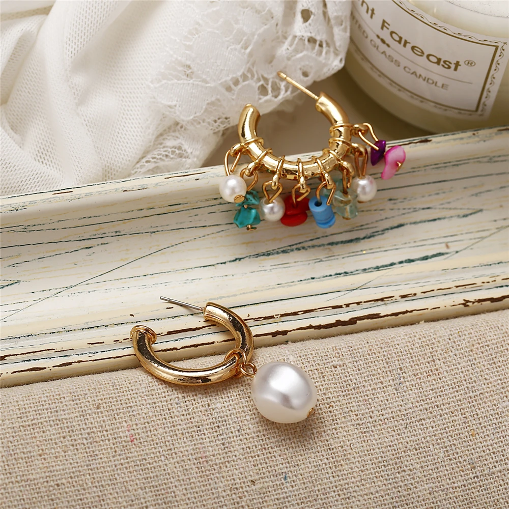 ZA новые модные золотые Асимметричные Висячие серьги для женщин Boho жемчужные радужные полосы висячие серьги винтажные национальные ювелирные изделия