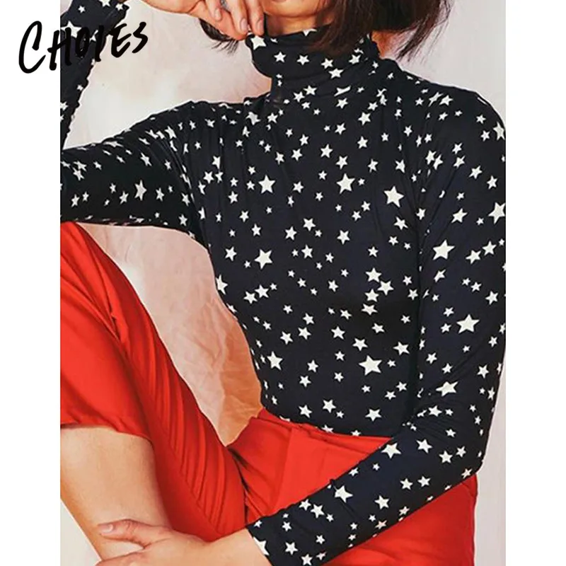 Темно-синий с высоким воротом звезда печати длинным рукавом боди Для женщин