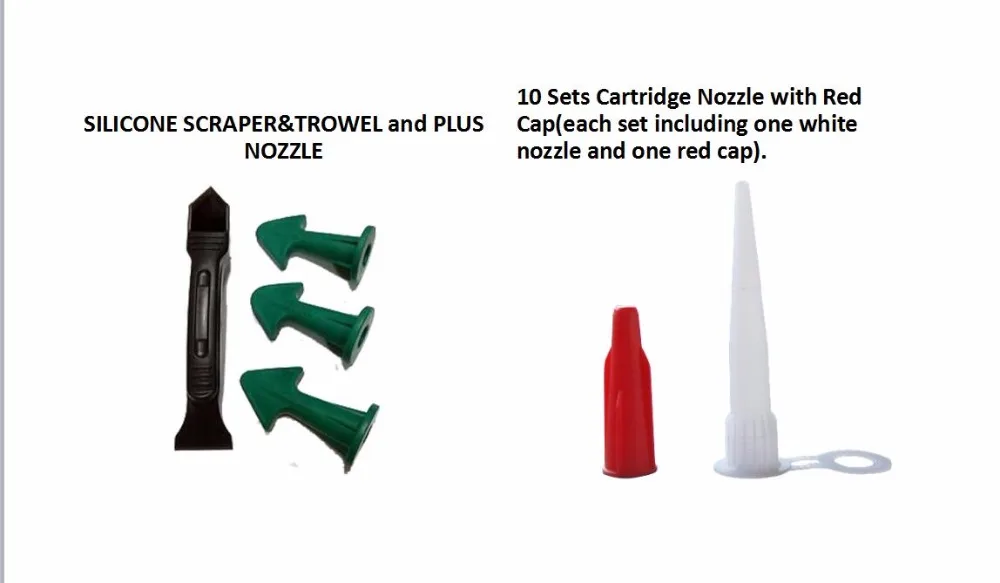 

Popular Selling Caulking Trowel Silicone Scraper and 10pcs White Cartridge Nozzles with Red Caps