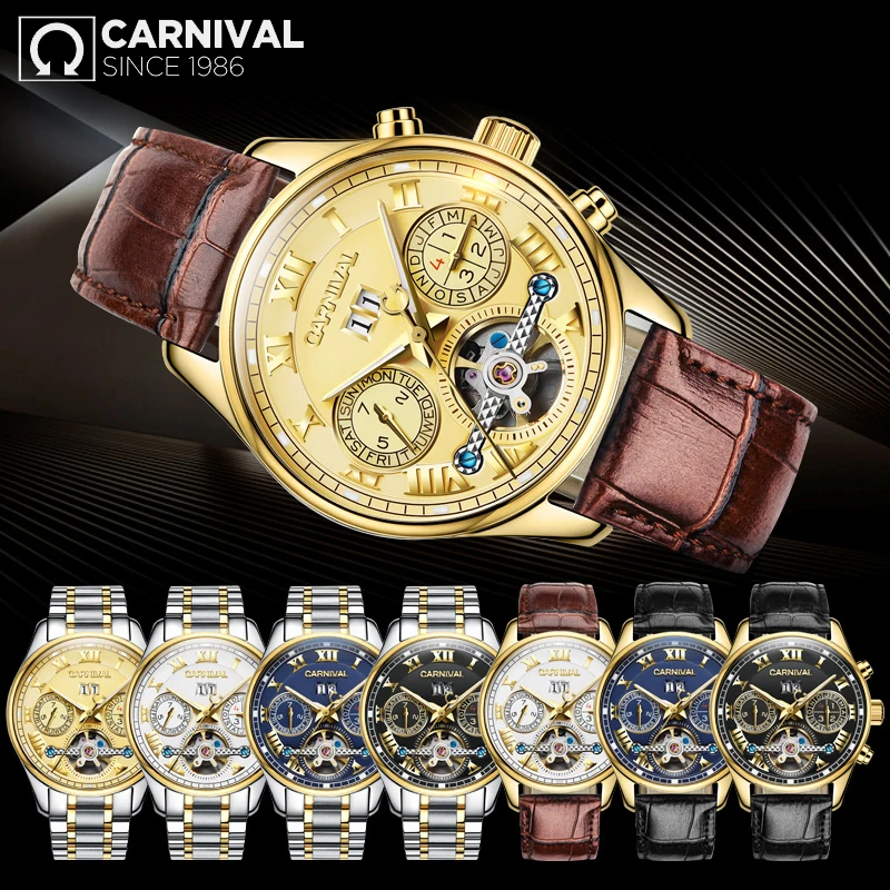 

2017 CARNIVAL Skeleton Roman Numerals Mechanical Men Watch TopBrand Luxury Montre Classic Blue Dial Waterproof Luminous relogio