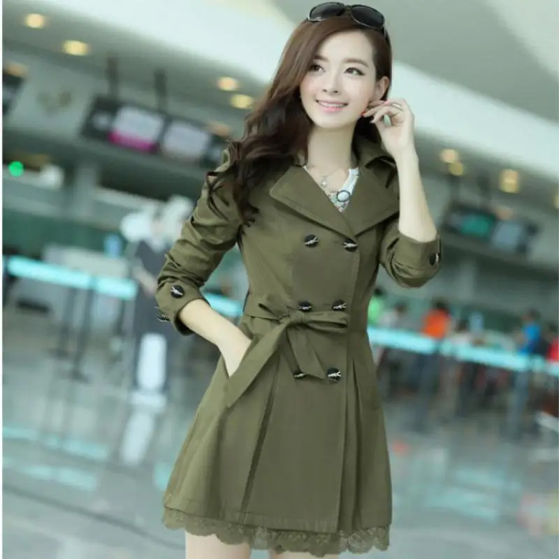 

Windbreaker female models women spring and autumn loaded large size lace long double-breasted slim Trench coat 3XL Plus size