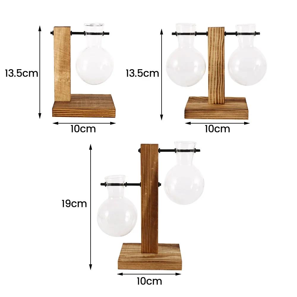 Nordic Simple Hydroponic Plant Vases Vintage Flower Pot Transparent Vase Wooden Frame Glass Tabletop Plants Home Bonsai Decor
