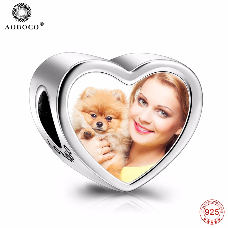 

AOBOCO 925 Silver Custom Photo Heart Charms Beads Fit Authentic European Bracelet With Dog Paw Jewelry