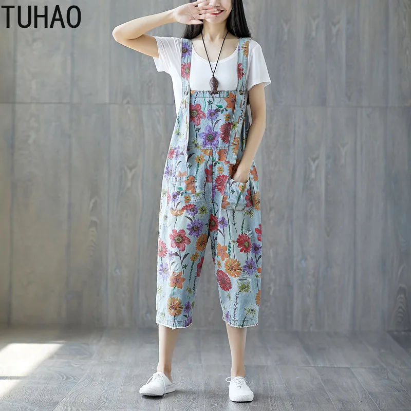 

TUHAO SUMMER Denim Jumpsuits Female Plus Size Retro Print Bib Cowboy Pants Harem Rompers Harajuku Drop Crotch Jeans LLJ