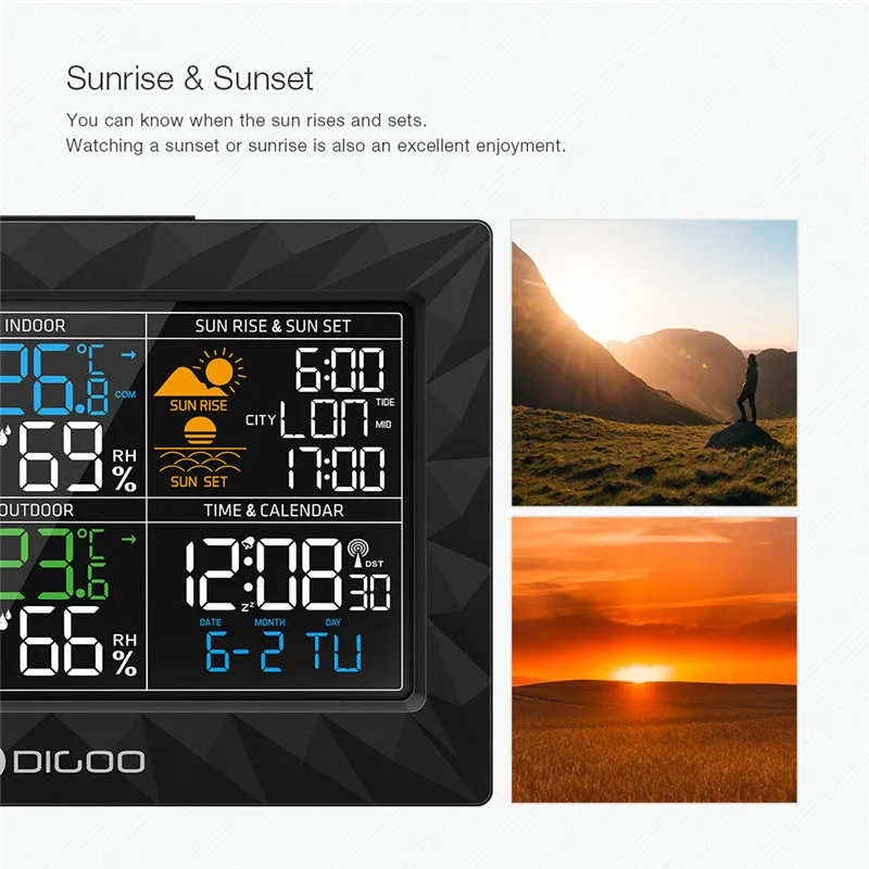 DIGOO DG TH8988 Метеостанция Тонкий геометрический дизайн Sunrise Sunset дисплей термометр
