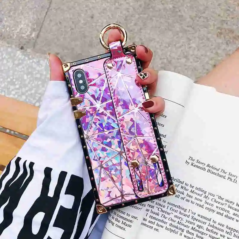 Purple Чехол для iPhone 11 Pro Max Xr Xs Max, Блестящий Алмазный квадратный лазерный браслет для девушек, чехол-подставка для iPhone X 7 8 6S Plus, чехол - Цвет: Purple
