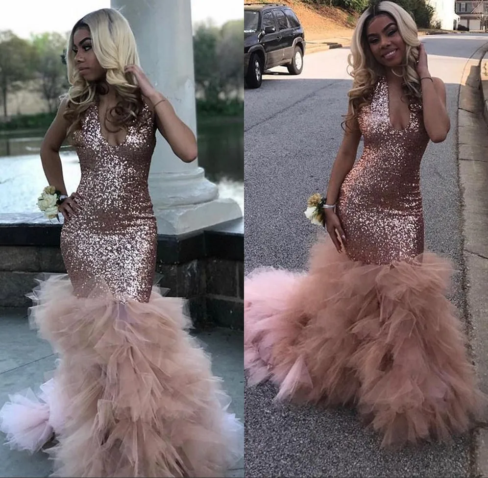 Vestido de gala, сексуальное черное платье русалки для девочек, розовое платье для выпускного вечера,, с блестками, в африканском стиле, с рюшами, с длинным шлейфом, вечерние платья