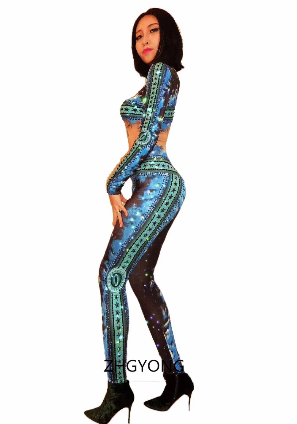 Обтягивающий женский комбинезон с голубыми кристаллами сексуальный купальник