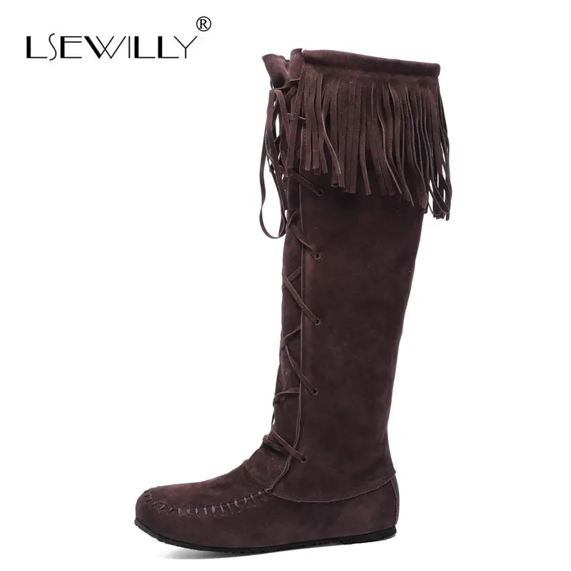 Lsewilly/из флока Кожаная обувь на шнуровке Женская с бахромой плоской подошве