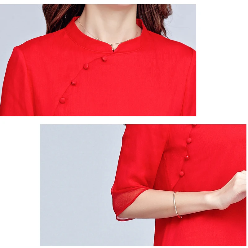 

Women Cheongsam Wind National Silk Dress Summer New Fashion Solid Red Black Stand Collar Half Sleeve Long Silk Dresses FP0706