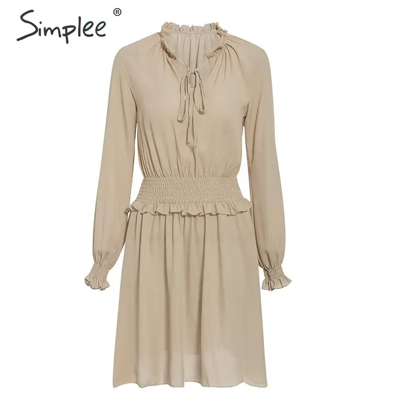 Simplee Lace up ruffled A-line women dress Elastic high waist short vintage dress Bohemian lantern sleeve female party dress - Цвет: Хаки