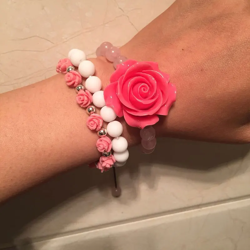 Boho Women Jewelry Pink Stone White Matte Beads With Coral Rose Charm Woven Bracelet Set | Украшения и аксессуары