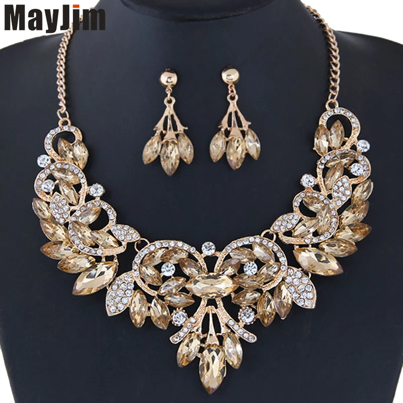 MayJim Fashion long chain Jewelry Sets Geometric Crystal Flower Necklace Earring Women Big brand Wedding Vintage | Украшения и