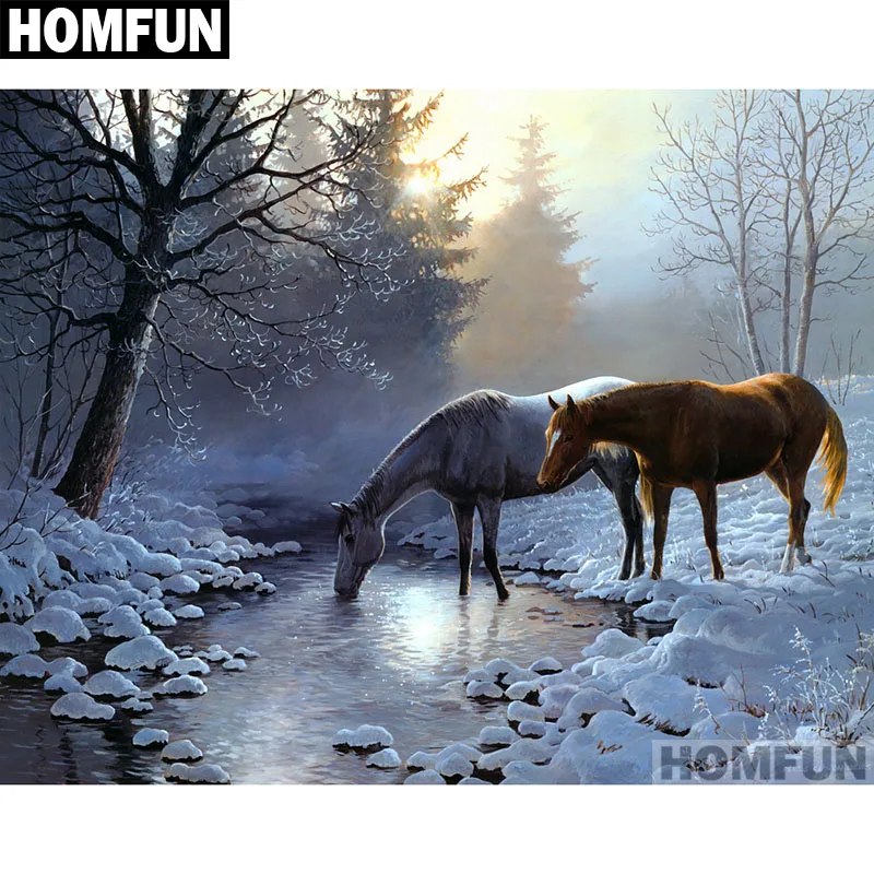 Набор для алмазной вышивки HOMFUN A01242 картина Зимняя лошадь с полными