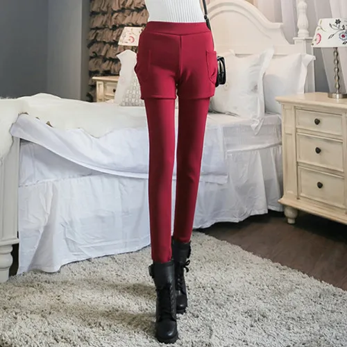 K084 Red Зимние леггинсы, тонкие, тянущиеся, модные, женские, ложные, из двух частей, набор, складка, плиссированная, посылка, бедра, фальшивая юбка, леггинсы размера плюс, леггинсы - Цвет: K084 Red
