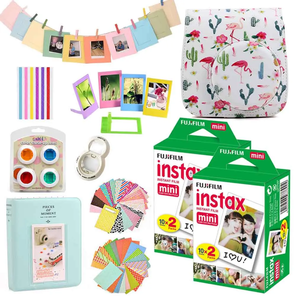 Flamingo Cactus Set Fujifilm Instax Mini films 40 шт.+ Instax Mini 8 Instax Mini 9 мгновенная фотокамера из искусственной кожи чехол сумка чехол+ набор аксессуаров - Цвет: Flamingo Cactus Set