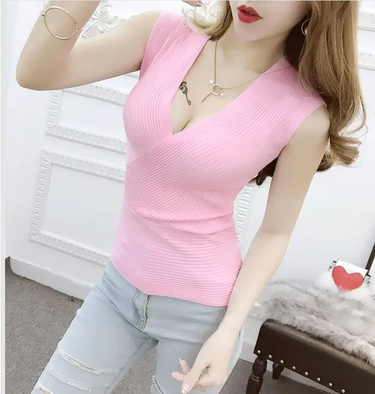 pink Летние Для женщин модное тонкое сексуальное нижнее белье с глубоким v-образным вырезом вязальные майки, топы для девочек, трикотажная кофточка без рукавов футболки JM280 - Цвет: pink