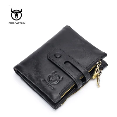 BULL CAPTAIN мужские кошельки из натуральной кожи, короткий кошелек для монет, винтажный кошелек, мужской кошелек на молнии, кнопка для монет, Карманный держатель для карт, ретро - Цвет: black