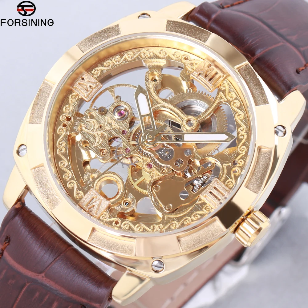 

Forsining 2018 Royal Golden Flower Transparent Brown Leather Band Men Creative Watch Male Clock Waterproof Mechanical Wristwatch