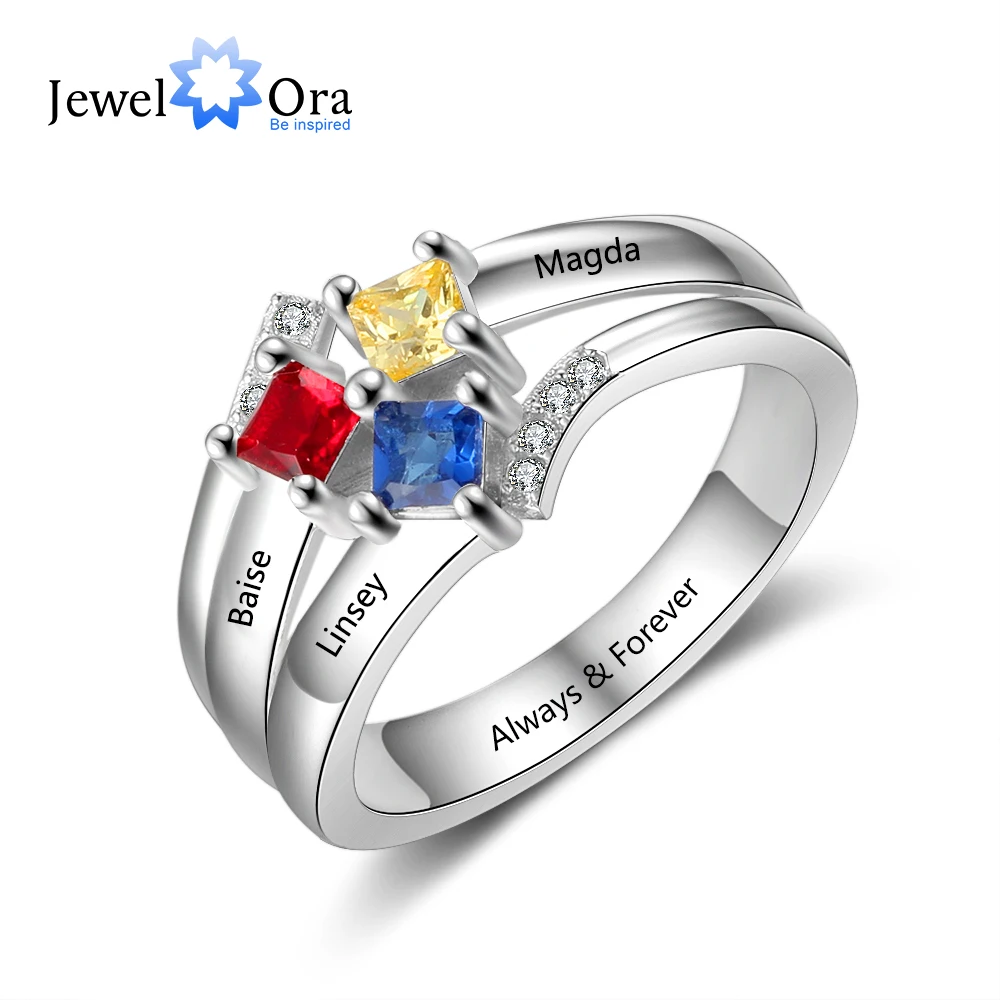 

Personalized Name Ring with 3 Square Birthstones Real 925 Sterling Silver Rings for Women Custom Jewelry Gift(JewelOra RI103854)