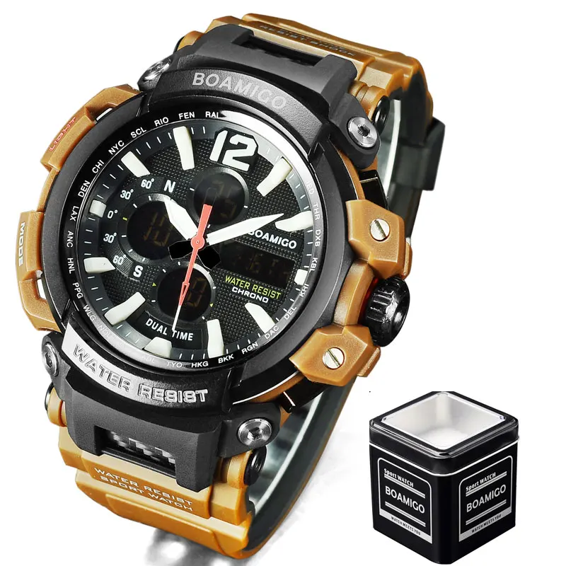 brown black box Бренд BOAMIGO, мужские спортивные цифровые аналоговые часы, мужские светодиодный часы с двойным временем, водонепроницаемые ударные наручные часы, мужские часы - Цвет: brown black box