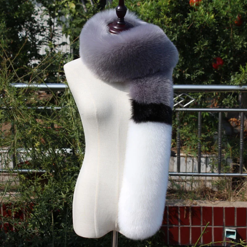 150CM Зимний женский шарф из искусственного меха, цветной мозаичный воротник-шаль из лисьего меха, большой длинный шарф.