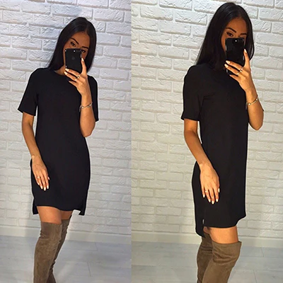 Новинка, женское пляжное Повседневное платье-рубашка, Vestidos, летнее, с круглым вырезом, с коротким рукавом, зеленое, черное, для вечеринок, тонкое, мини, офисное платье 5 - Цвет: Черный