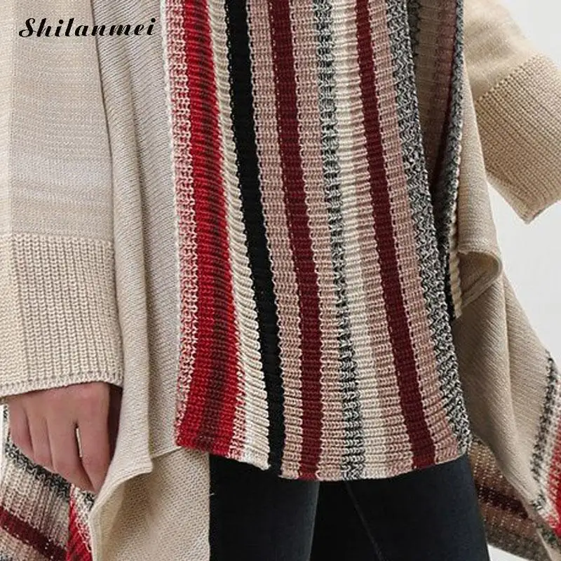

Fashion Autumn Contrast Color Knitted Cardigan Long Sleeve Poncho Sweaters Irregular Sexy Lady Warm Jackets Cardigan Women Coat