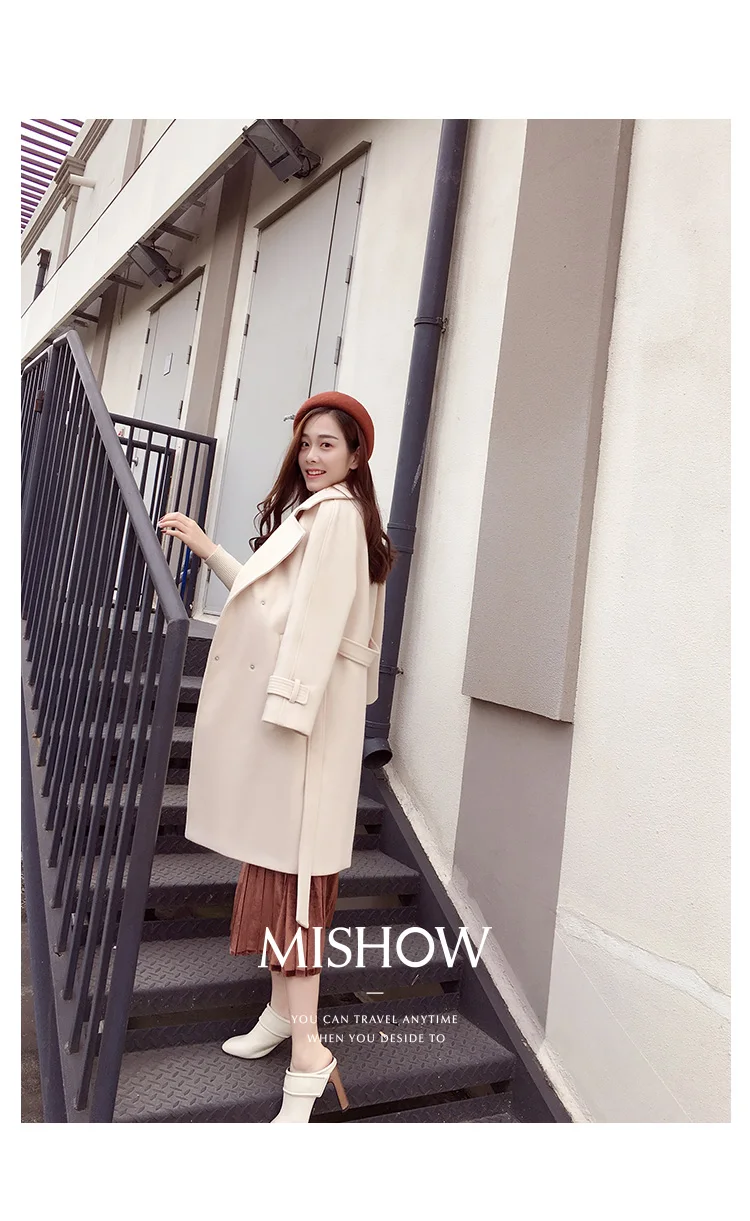 MISHOW осенне-зимнее шерстяное пальто женское средней длины Новое двубортное прямое шерстяное пальто MX17D9636