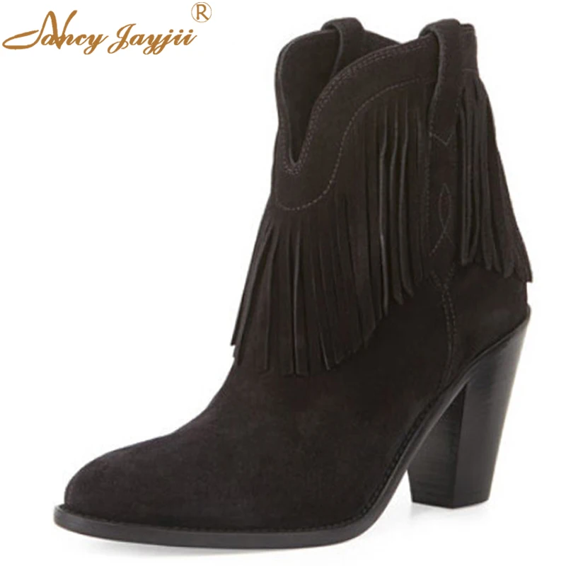 

Nancyjayjii Black Flock Fringe Mature Women’S Ankle Boots Super High Square Heels 2021 Winter Female Short Booties Slip On Shoes