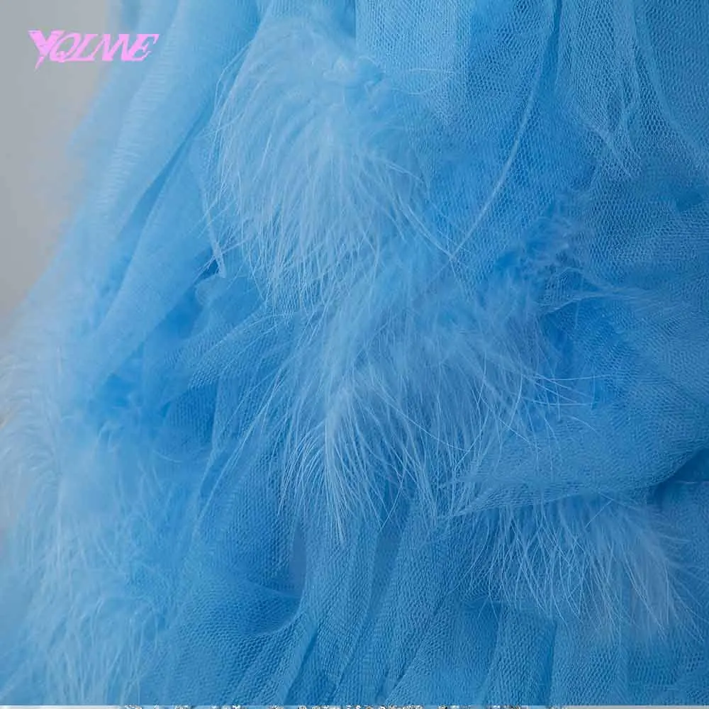 YQLNNE 2019 синий Русалка вечернее платье перья Нарядные платья Жемчуг бисерное для