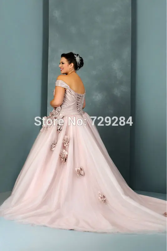 Тюль Суд Поезд Выкл-плечу Бальное платье Плюс Размер Свадебное Платье С Ручной