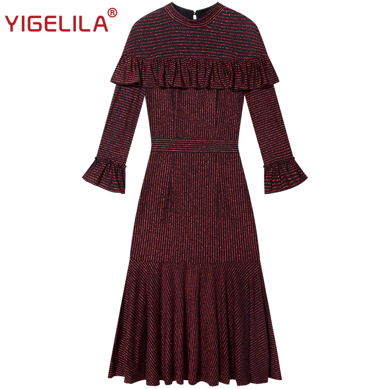 Женское платье до середины икры YIGELILA облегающее бальное в полоску с круглым