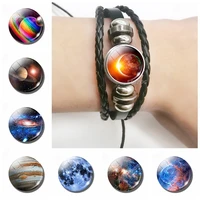 solar eclipse space galaxy black leather bracelet glass dome earth solar eclipse outer space sun multi layered braided bracelets