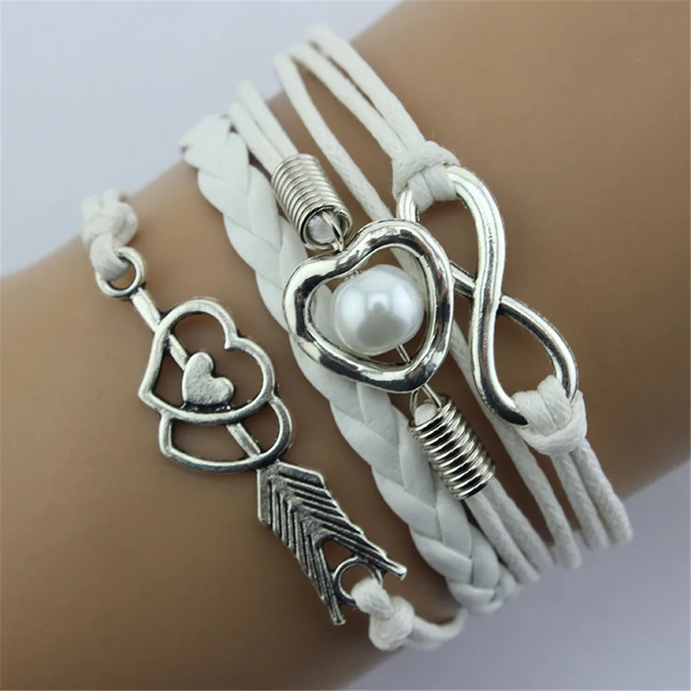 Женский многослойный браслет Infinity Cupid Love Heart Wings очаровательный кожаная цепочка