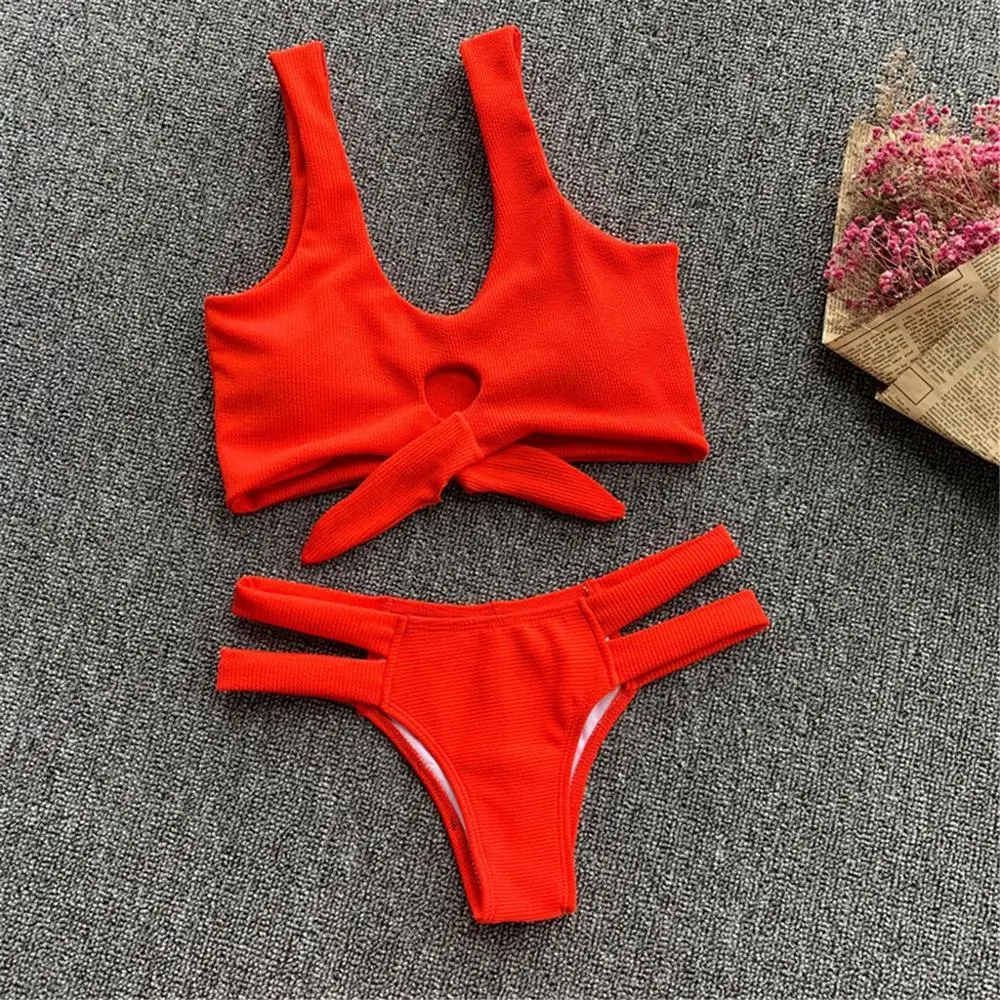 

Women Two-Piece Swimsuit Backless Strappy Knot Solid Bikini Set Beachwear Female Separate Push Up Bikinis Solid New L5#
