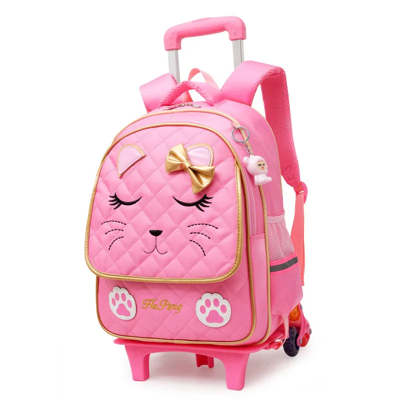 Rolling Backpack Children School Bags 2/6 Wheels for Girls Cute Cat Kids Wheeled Bookbag Trolley Travel Luggage Carry on Mochila