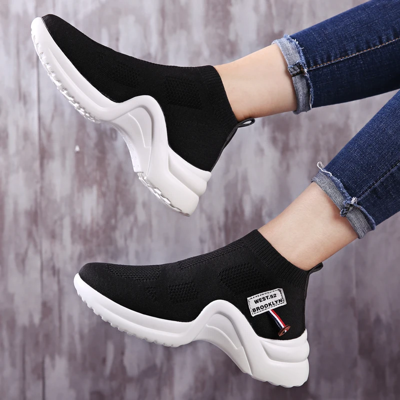 Women Sock Sneakers Mesh Breathable Slip-on Black Casual Ladies Shoes Lightweight Chaussures Femme | Обувь