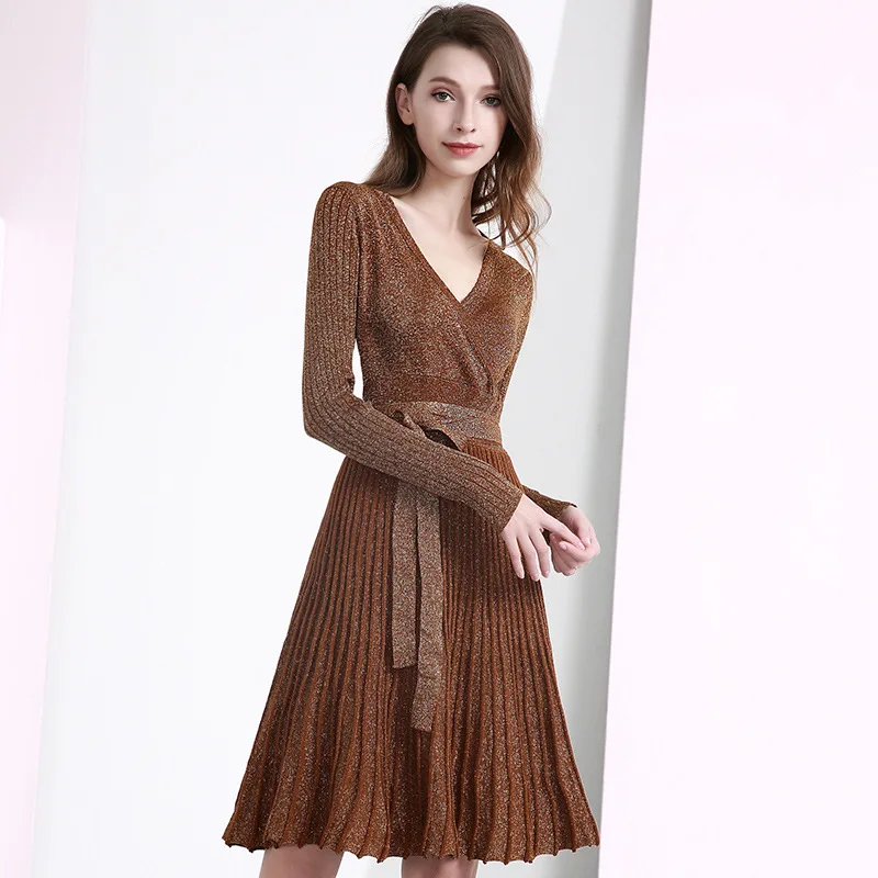 Женское трикотажное платье осень-зима с длинным рукавом платья-свитера поясом