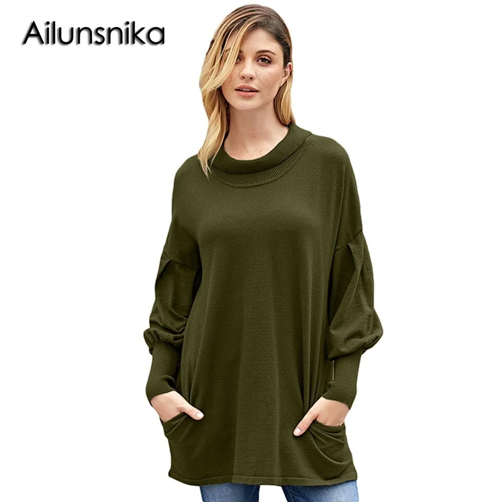 Ailunsnika Women Long Sleeve Loose Pockets Tunic Sweaters Fashion Knitting Solid Simple Autumn Casual Pullover Blouses DL27857 | Женская