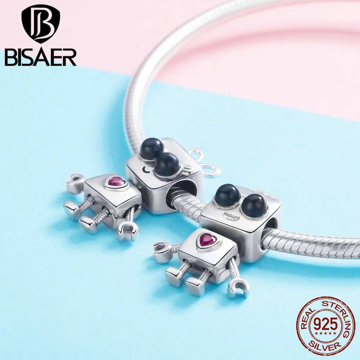 BISAER, 925 пробы, серебряный, тик-так, робот, дамские, детские, игрушечные брелоки, бусины, шарм, подходят к оригинальным браслетам, серебро 925, ювелирное изделие ECC885
