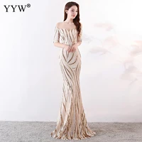 crystal o neck striped sequined mermaid long dresses elegant half sleeve illusion backless party formal gowns ladies maxi dress